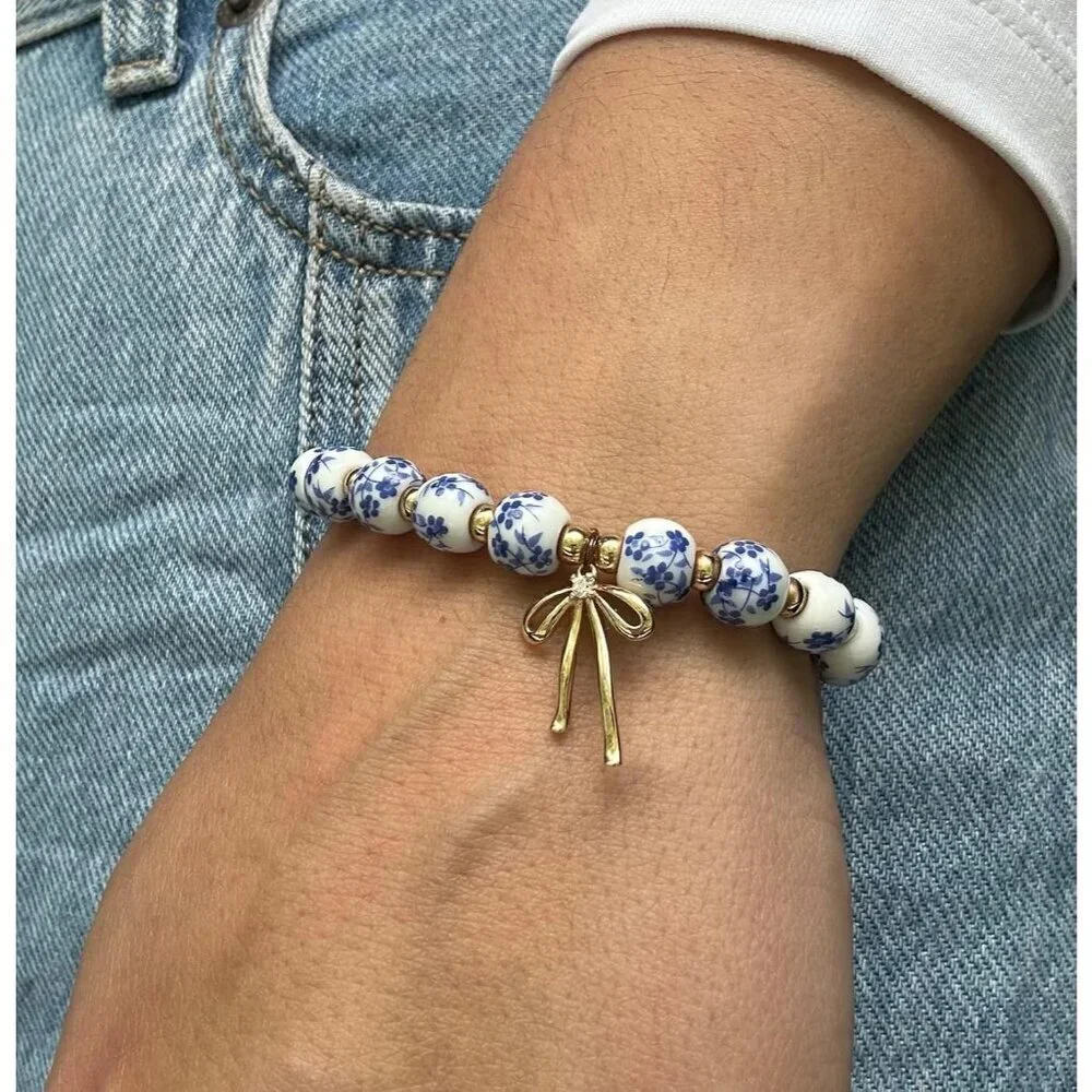 Beads Bow Charm Bracelet for Women - Handmade Flower Vintage Stretch Jewelry